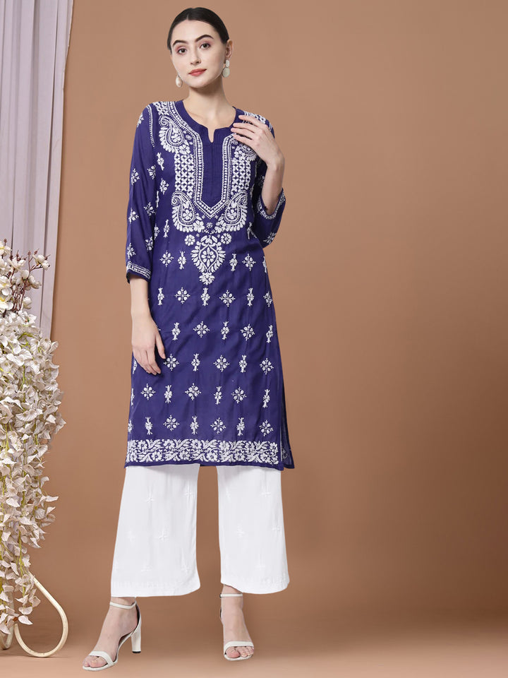 Chikankari Hand Embroidered Cotton Straight Kurta-PC3438 Darkblue