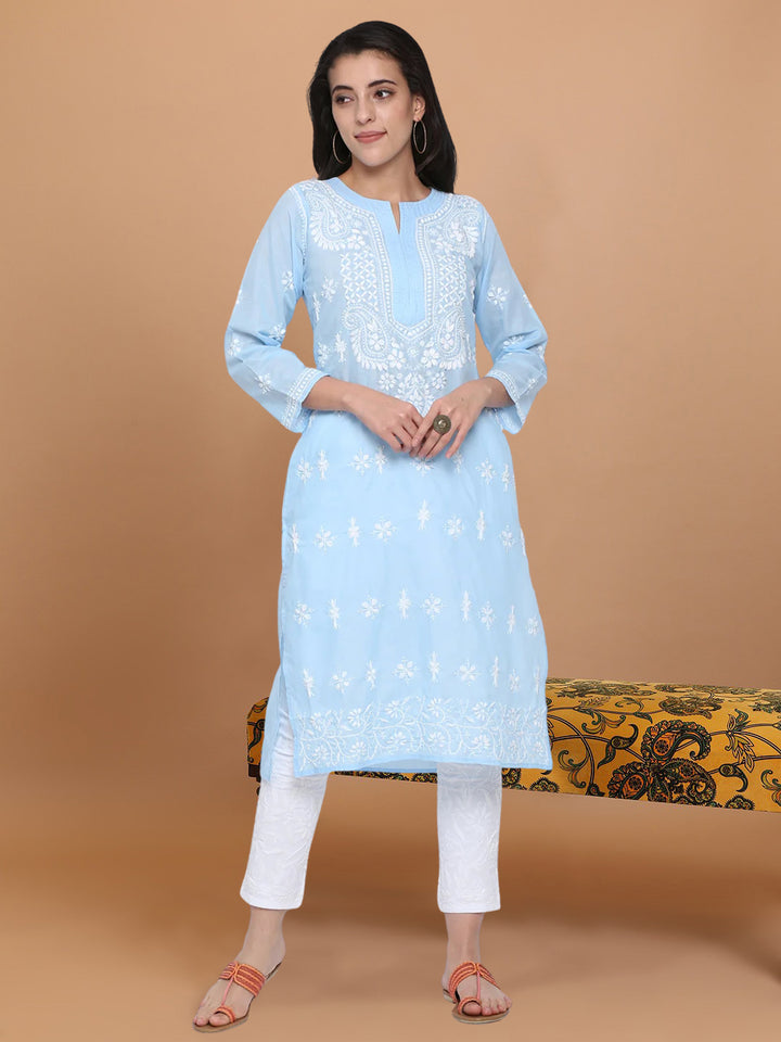 Chikankari Hand Embroidered Cotton Straight Kurta-PC3438 Lightskyblue