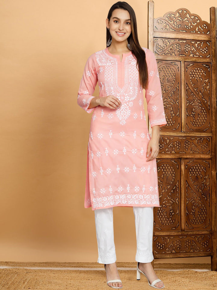 Chikankari Hand Embroidered Cotton Straight Kurta-PC3438 Peachpuff