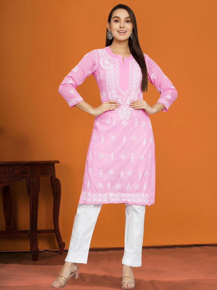 Chikankari Hand Embroidered Cotton Straight Kurta-PC3438 Pink