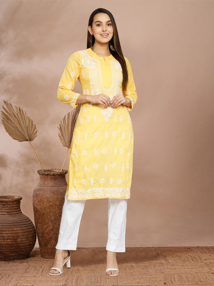 Chikankari Hand Embroidered Cotton Straight Kurta-PC3438 Yellow