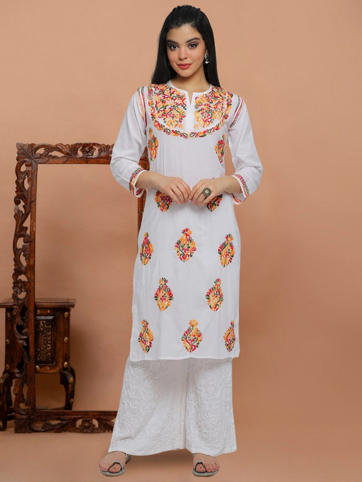 Hand Embroide Chikankari Cotton Straight Kurta-PC3449 White