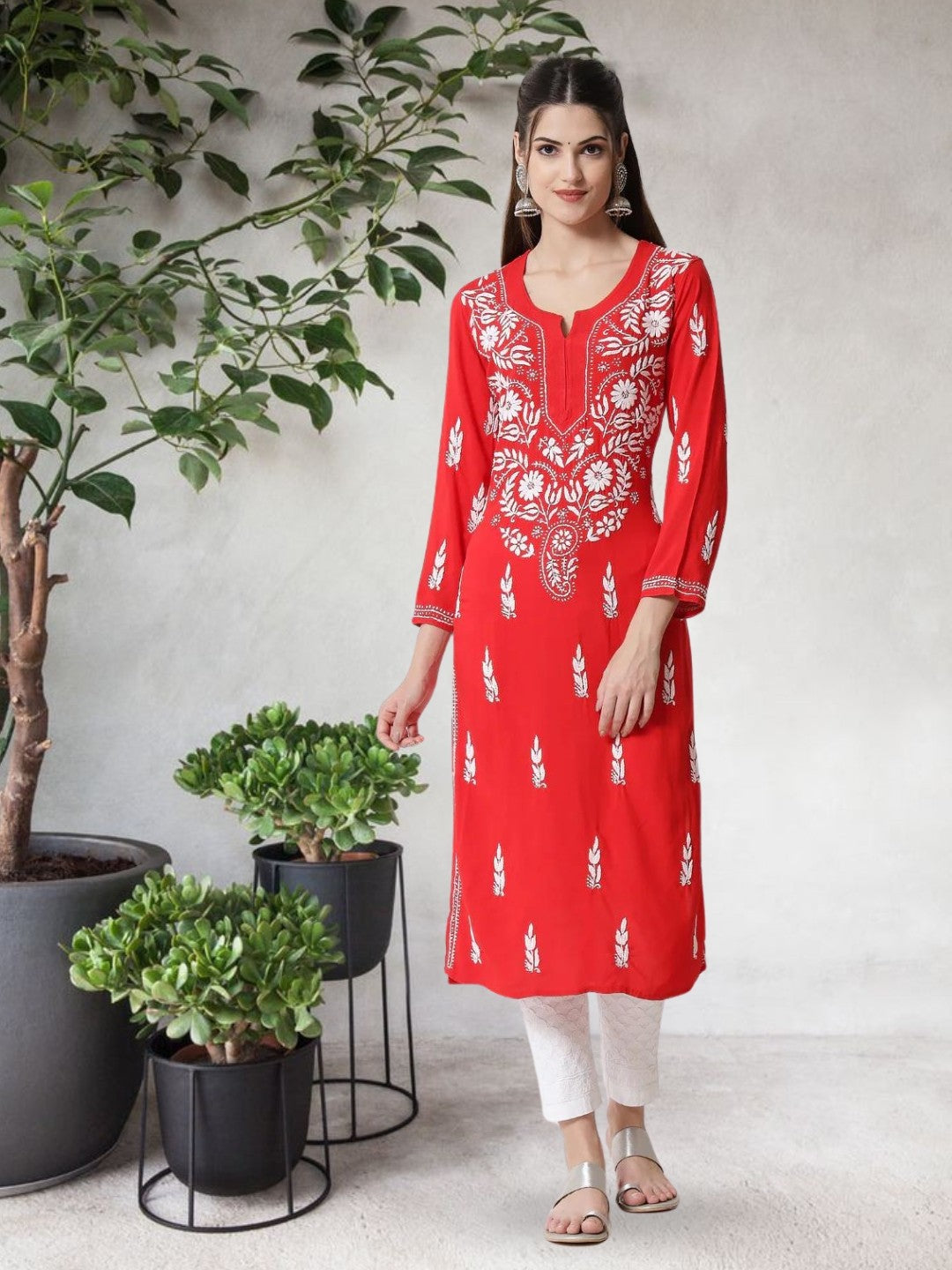 Hand Embroidered White Chikankari Rayon straight Kurta-PC3451