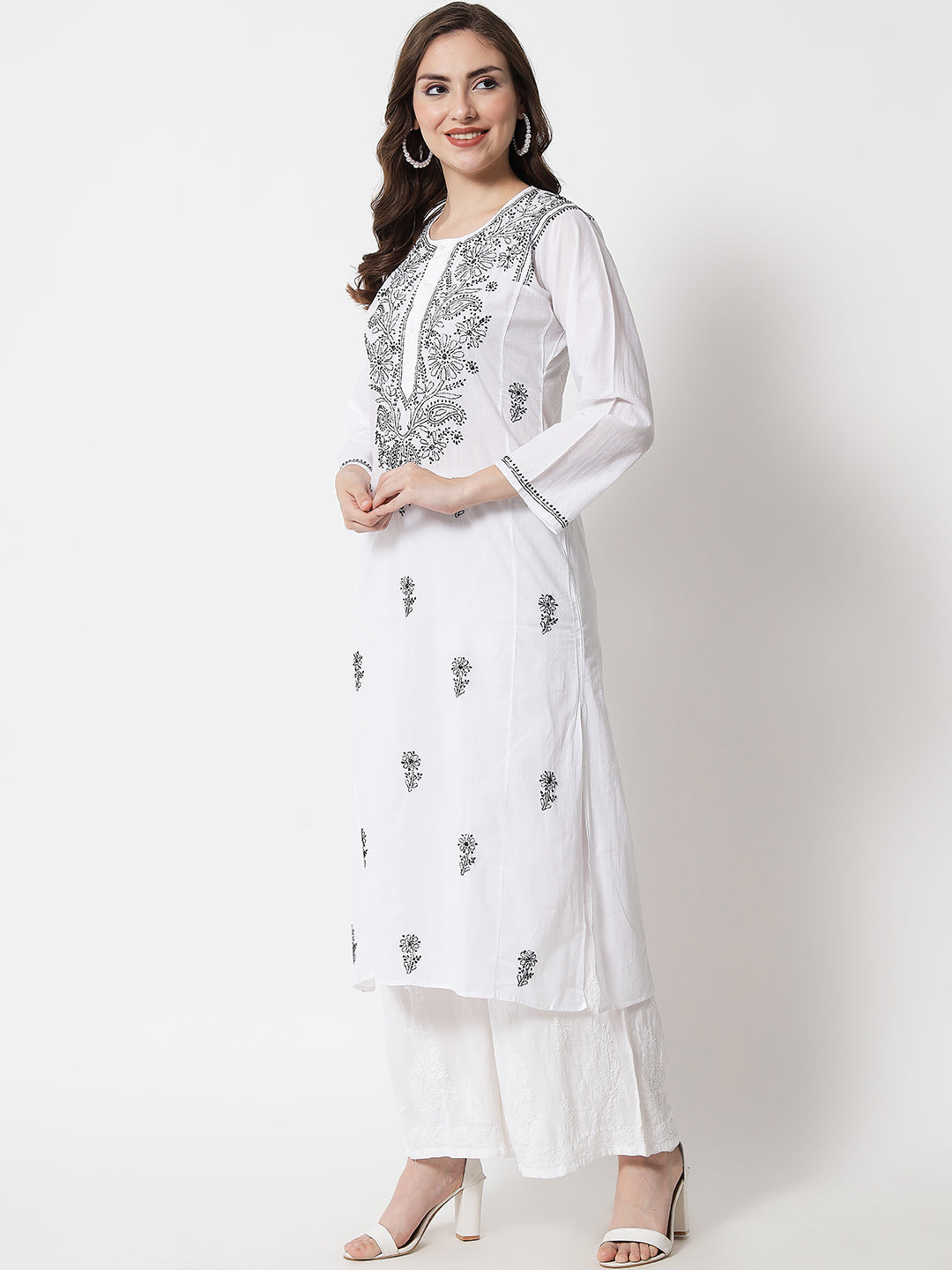 Hand Embroidered White Chikankari Cotton straight Kurta-PC3469