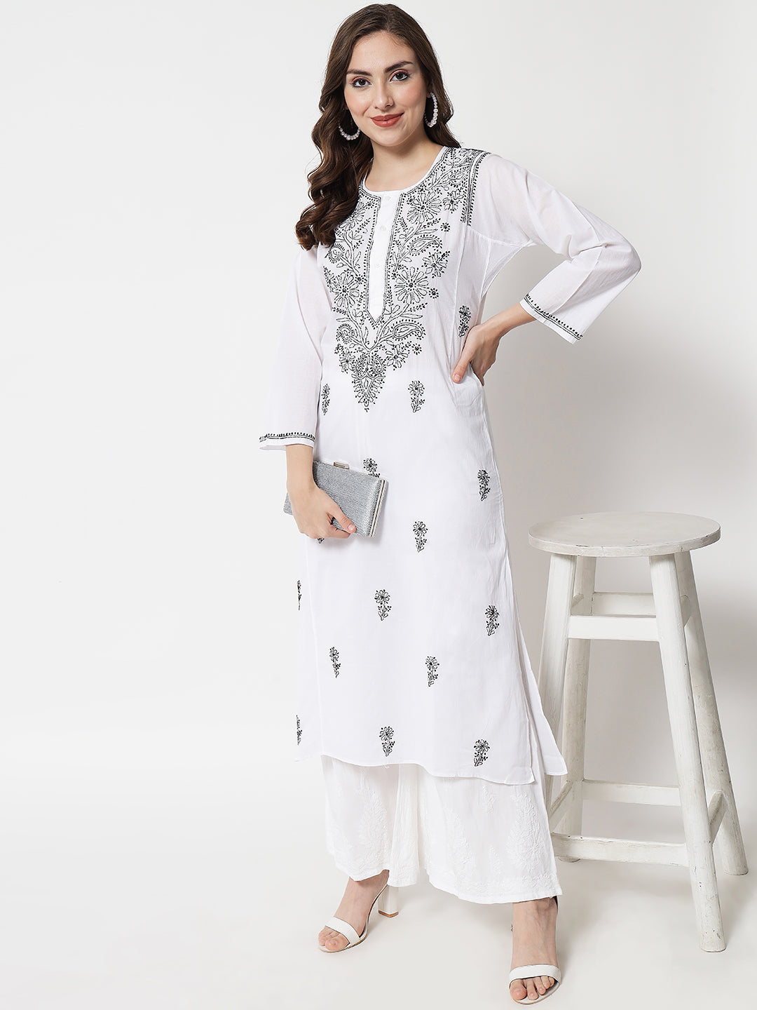 Hand Embroidered White Chikankari Cotton straight Kurta-PC3469