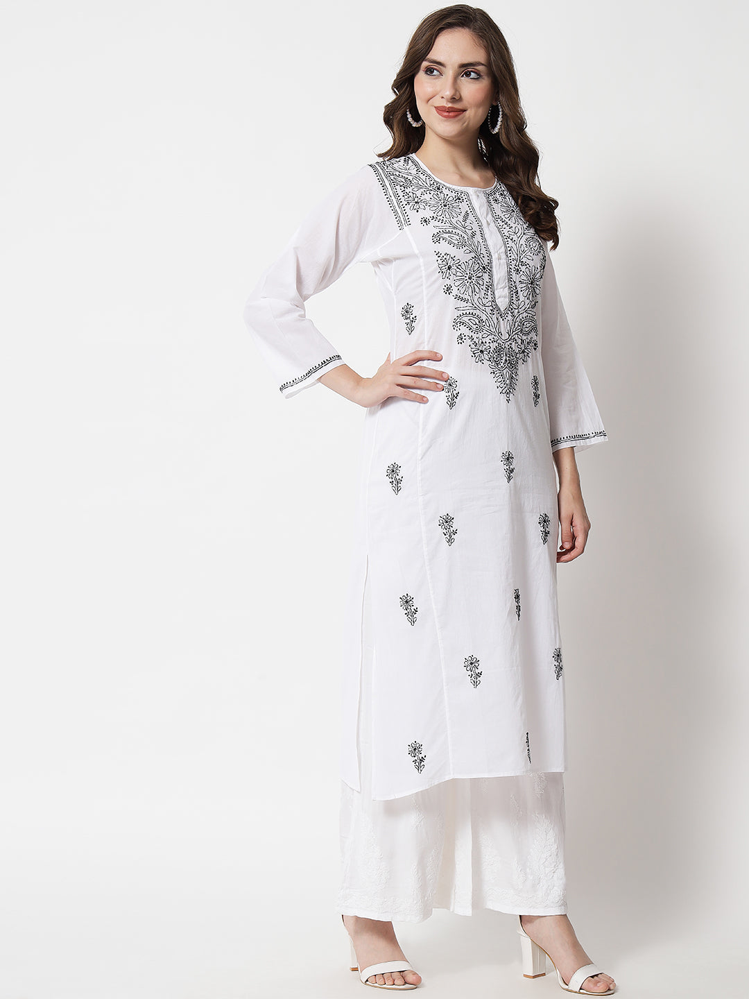 Hand Embroidered White Chikankari Cotton straight Kurta-PC3469