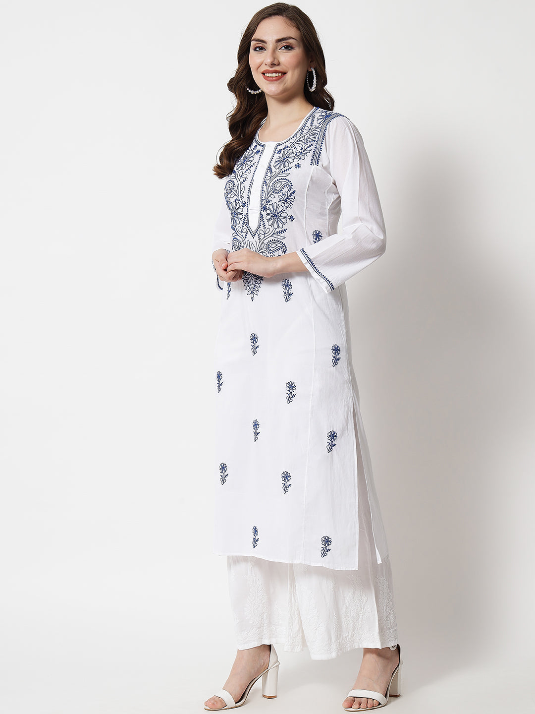 Hand Embroidered White Chikankari Cotton straight Kurta-PC3469