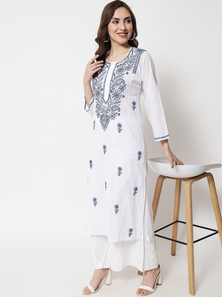 Hand Embroidered White Chikankari Cotton straight Kurta-PC3469