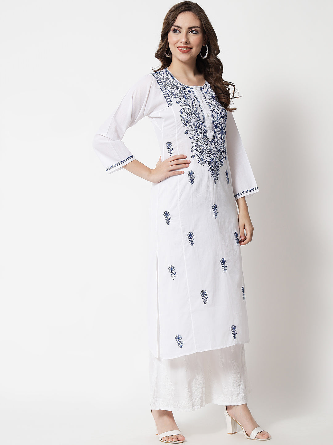 Hand Embroidered White Chikankari Cotton straight Kurta-PC3469