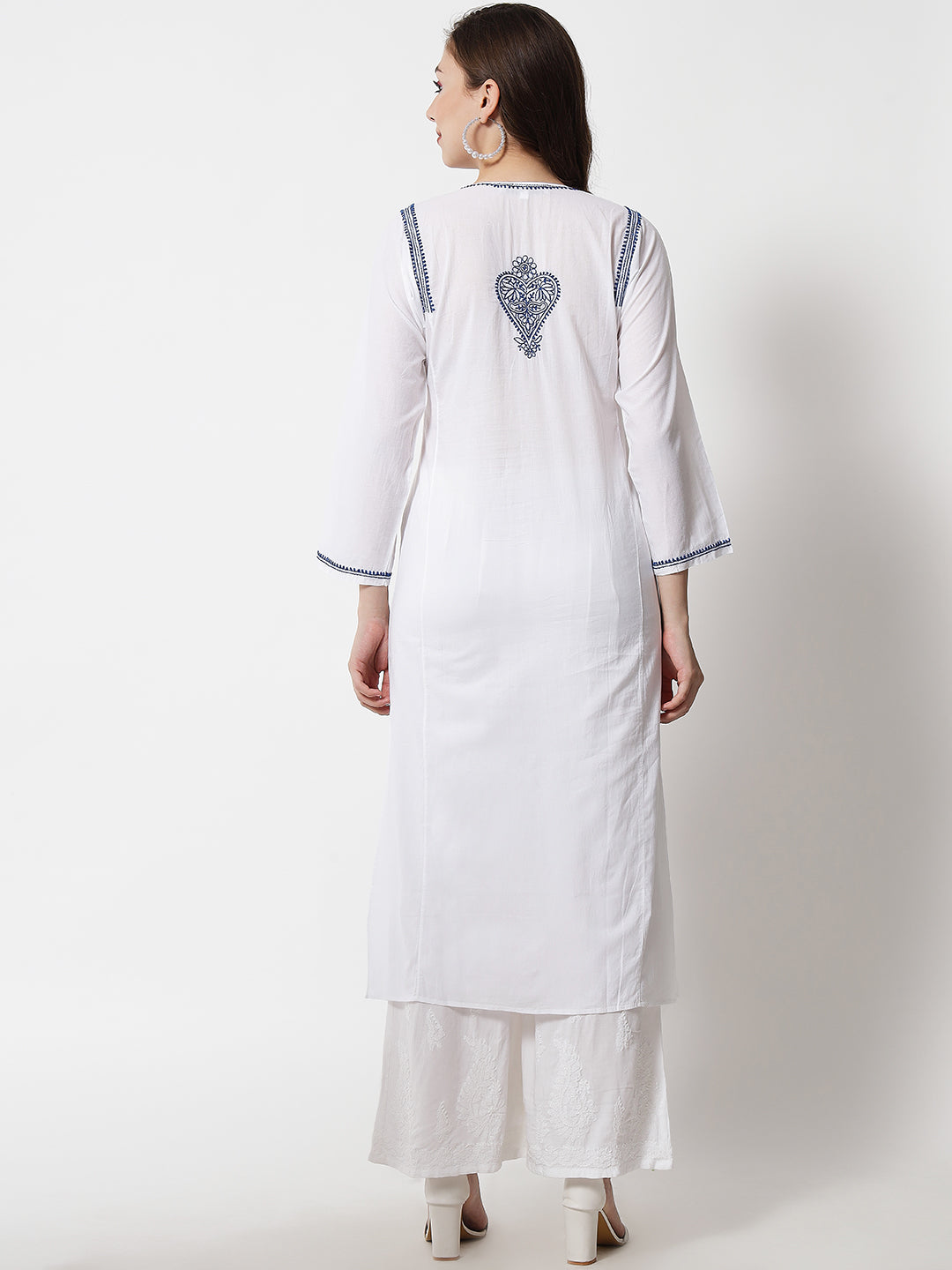 Hand Embroidered White Chikankari Cotton straight Kurta-PC3469