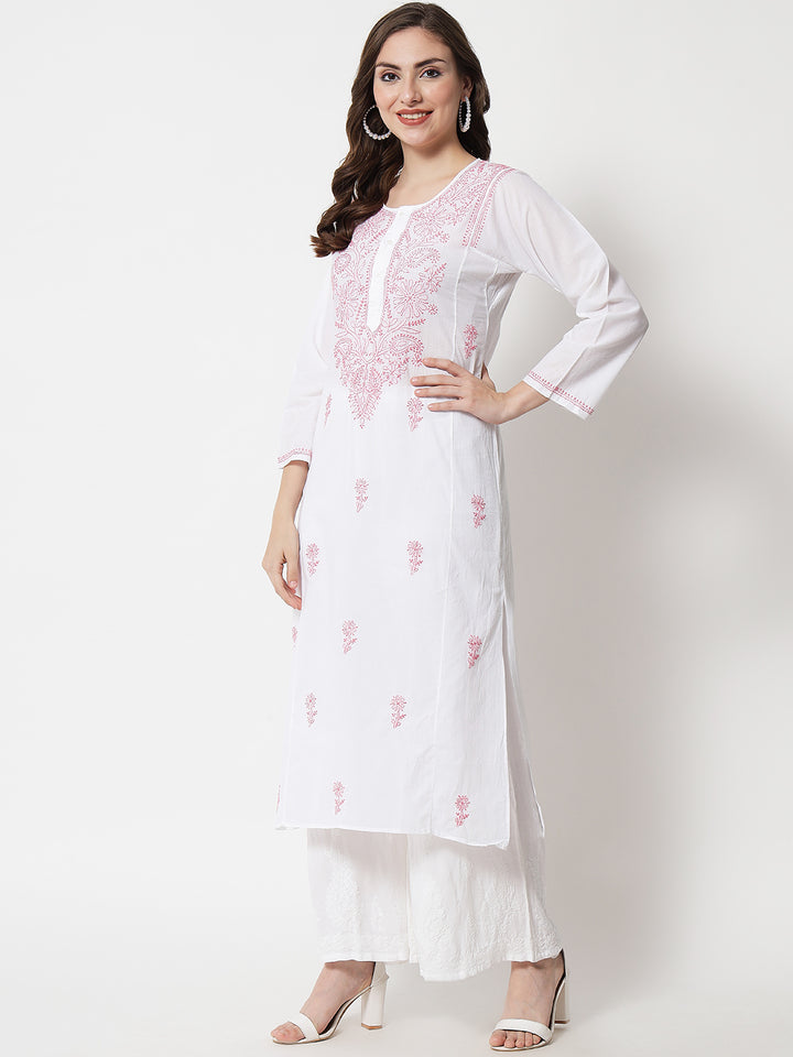 Hand Embroidered White Chikankari Cotton straight Kurta-PC3469