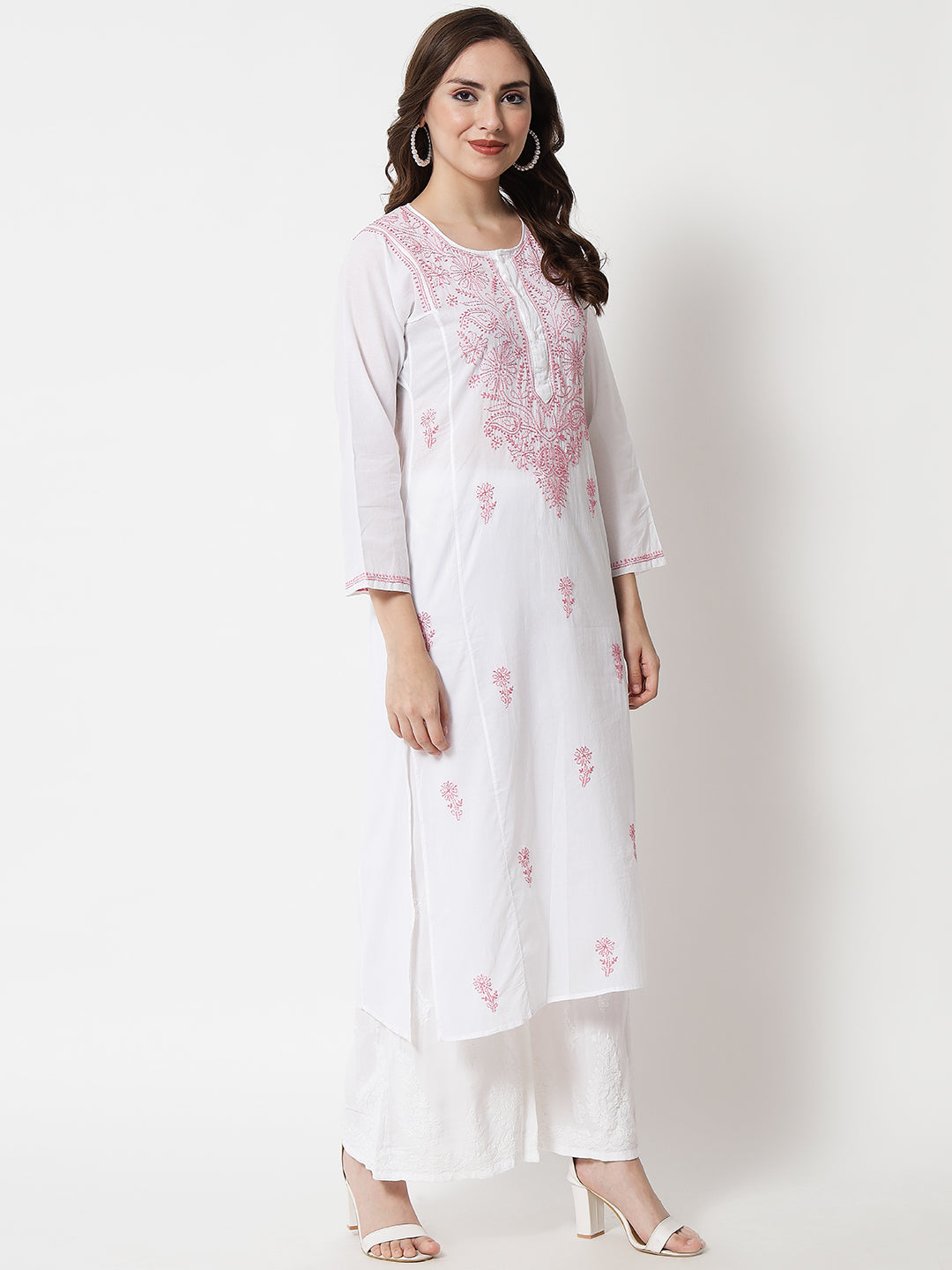 Hand Embroidered White Chikankari Cotton straight Kurta-PC3469