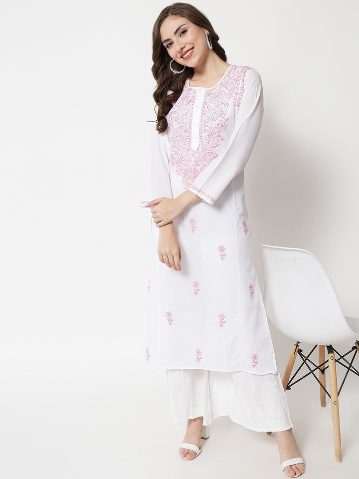 Hand Embroidered White Chikankari Cotton straight Kurta-PC3469