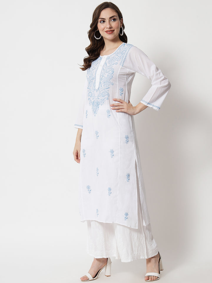 Hand Embroidered White Chikankari Cotton straight Kurta-PC3469