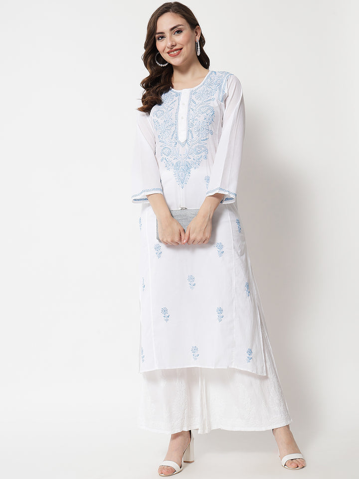 Hand Embroidered White Chikankari Cotton straight Kurta-PC3469