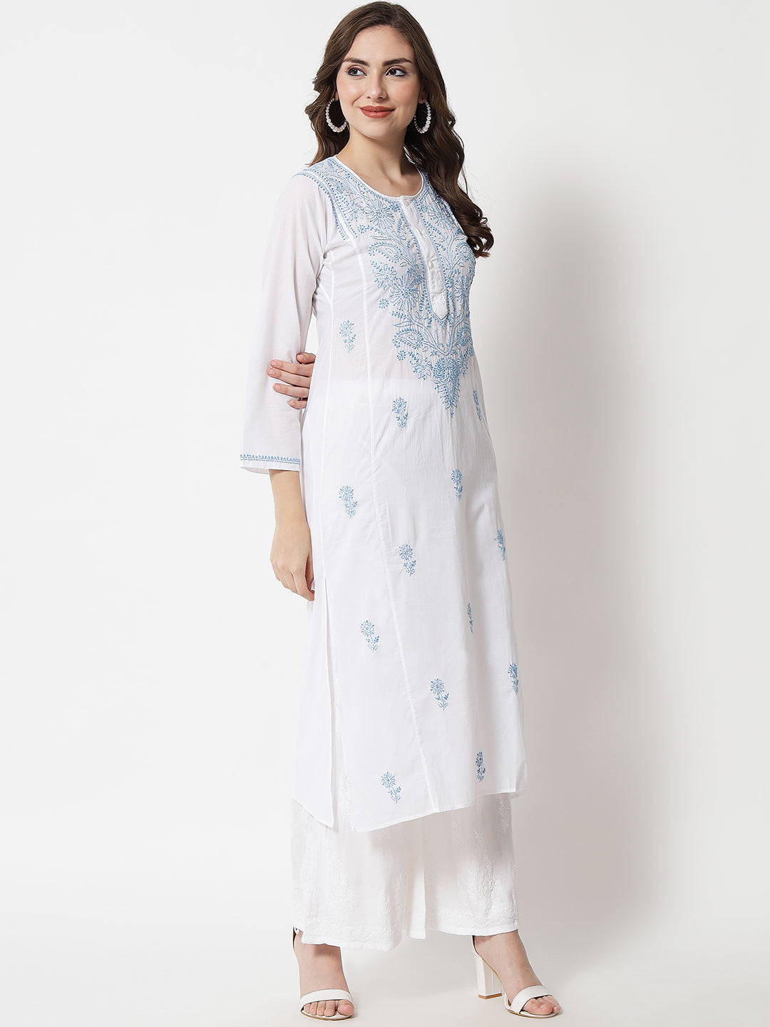 Hand Embroidered White Chikankari Cotton straight Kurta-PC3469