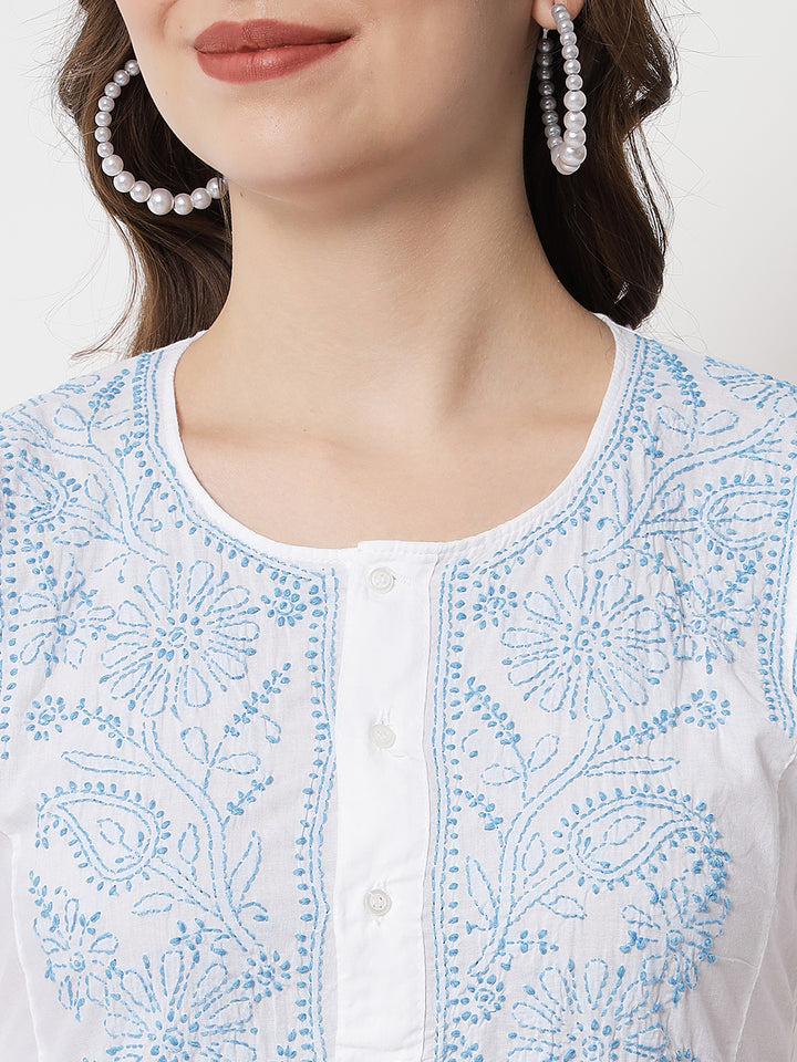 Hand Embroidered White Chikankari Cotton straight Kurta-PC3469