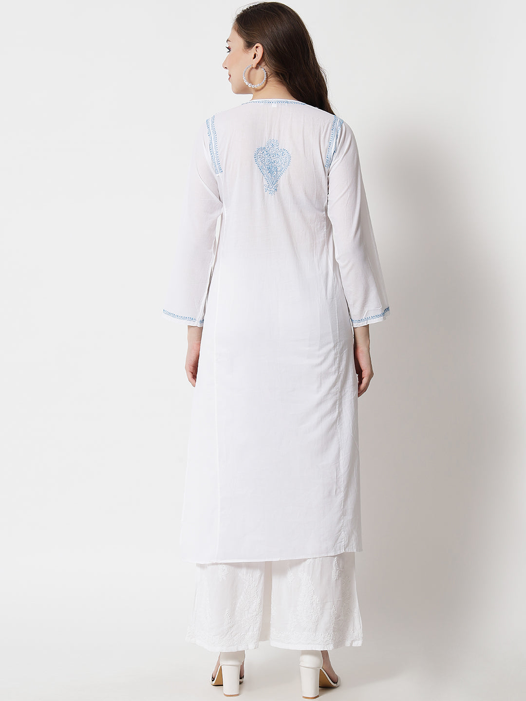 Hand Embroidered White Chikankari Cotton straight Kurta-PC3469