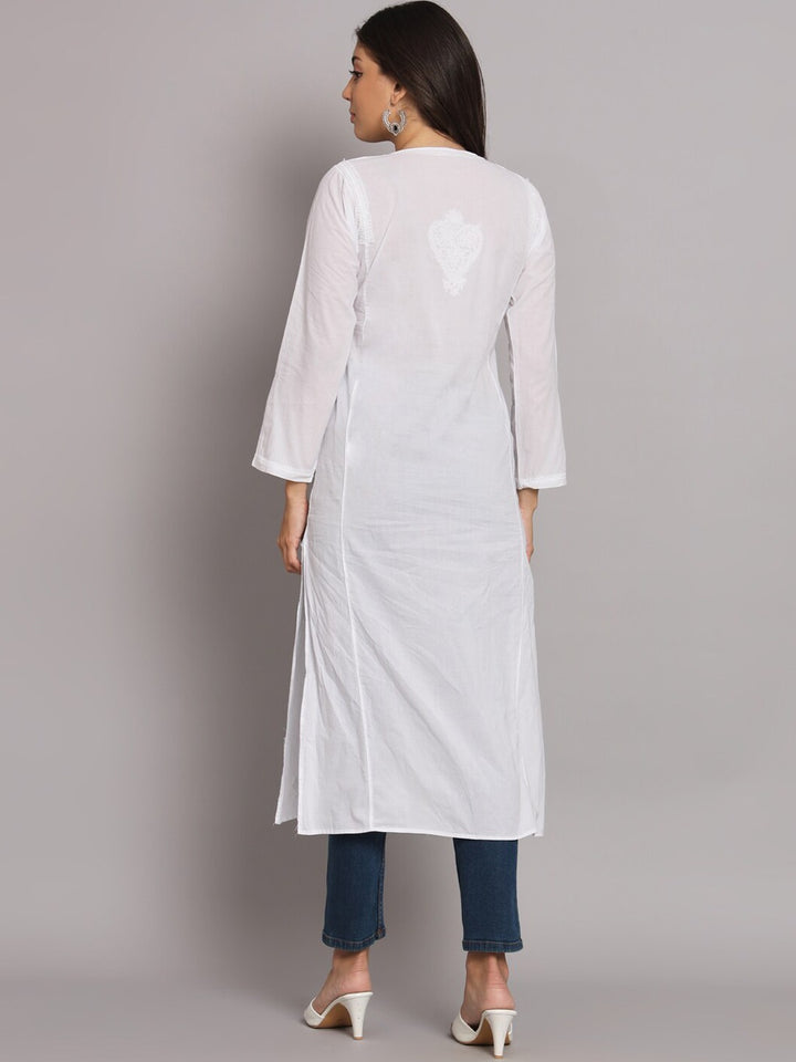 Hand Embroidered White Chikankari Cotton straight Kurta-PC3469