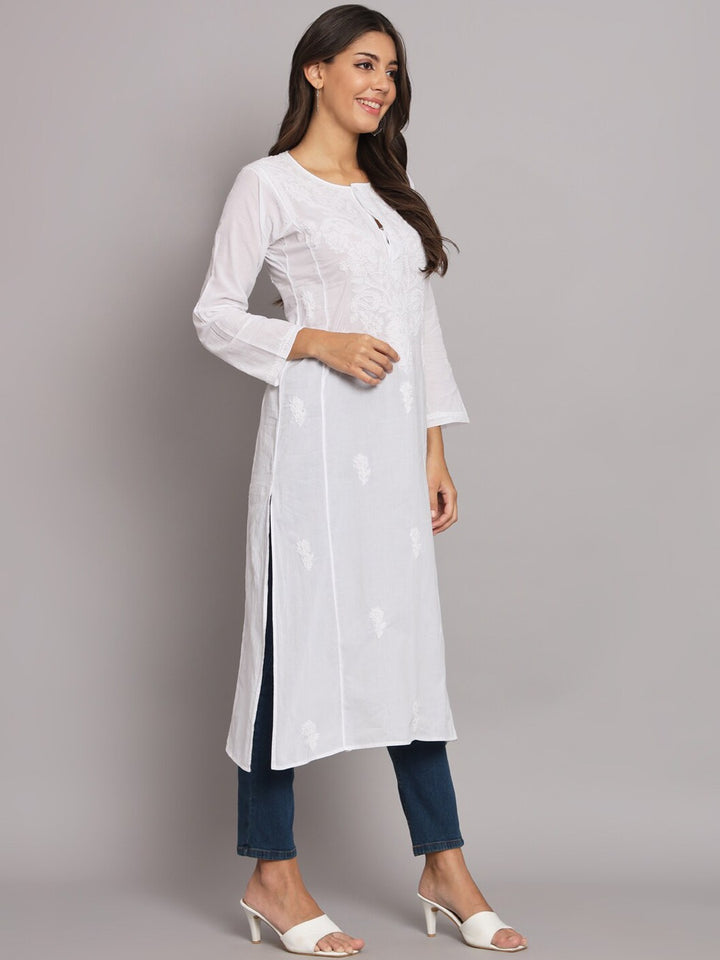 Hand Embroidered White Chikankari Cotton straight Kurta-PC3469