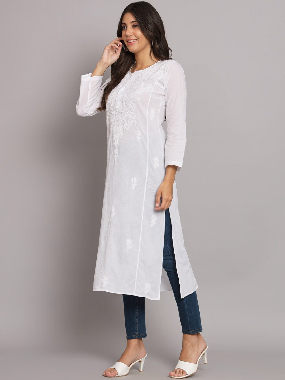 Hand Embroidered White Chikankari Cotton straight Kurta-PC3469