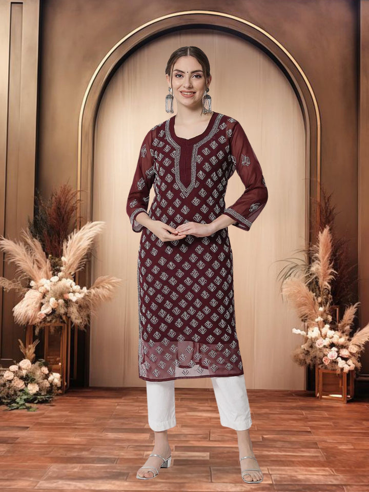 Hand Embroidered Chikankari Georgette Straight Kurta With Matching Slip- PC3484