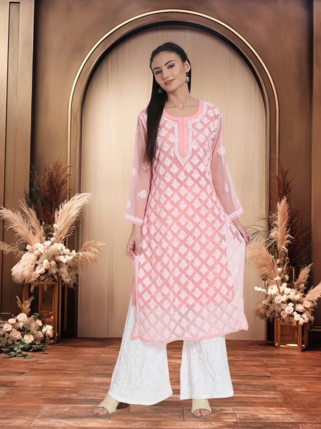 Hand Embroidered Chikankari Georgette Straight Kurta With Matching Slip- PC3484