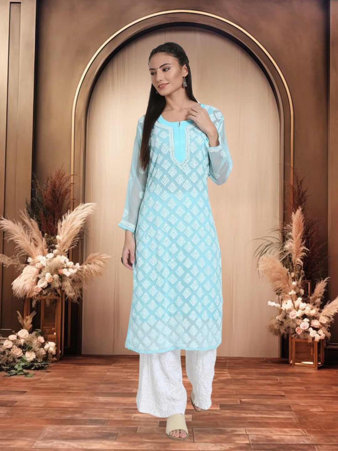 Hand Embroidered Chikankari Georgette Straight Kurta With Matching Slip- PC3484