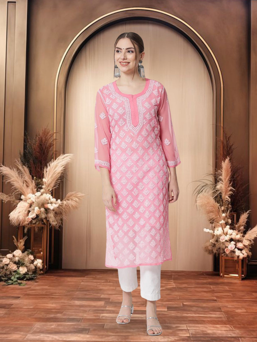 Hand Embroidered Chikankari Georgette Straight Kurta With Matching Slip- PC3484