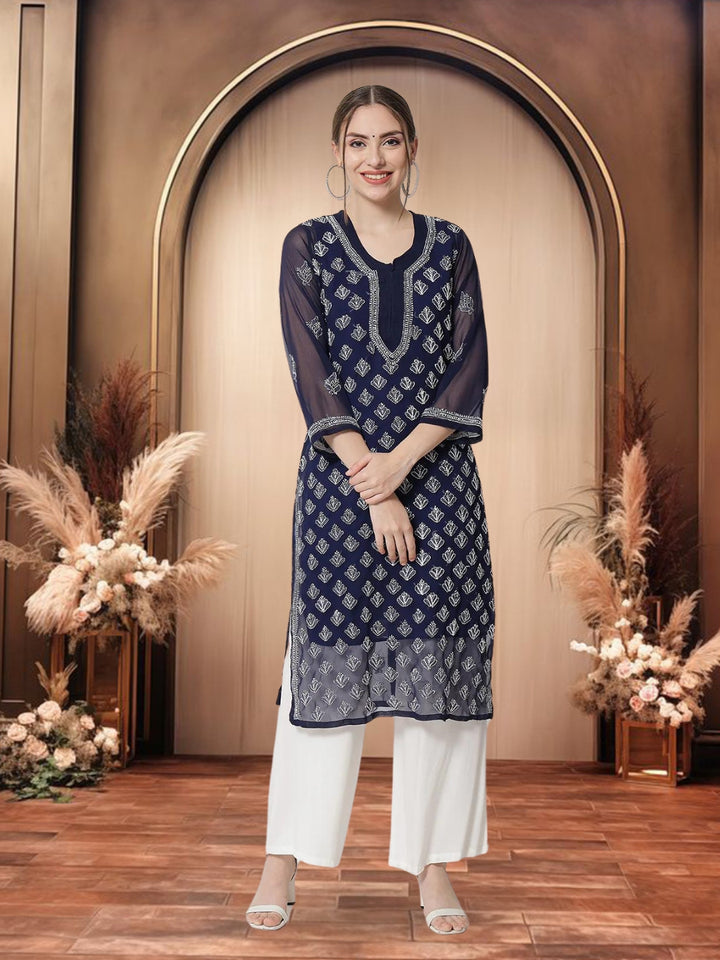 Hand Embroidered Chikankari Georgette Straight Kurta With Matching Slip- PC3484