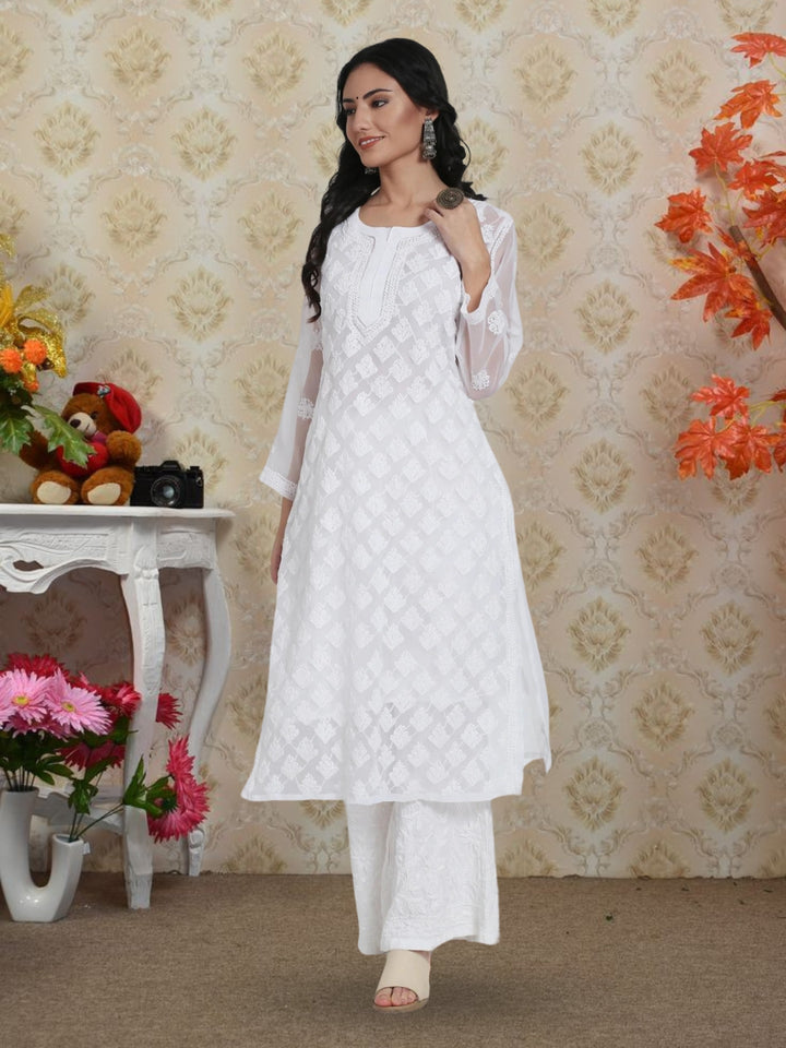 Hand Embroidered Chikankari Georgette Straight Kurta With Matching Slip- PC3484