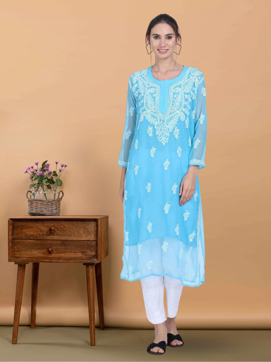 Hand Embroidered Chikankari Georgette straight Kurta with matching slip- PC3487