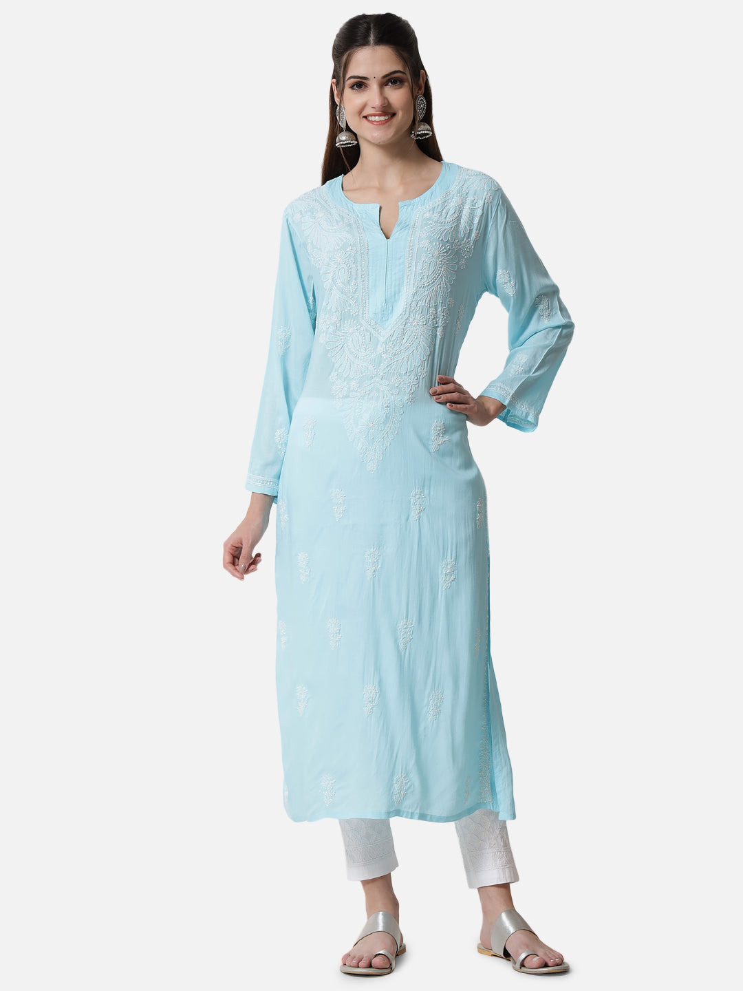 Hand Embroidered Chikankari Modal Straight Kurta- PC3490