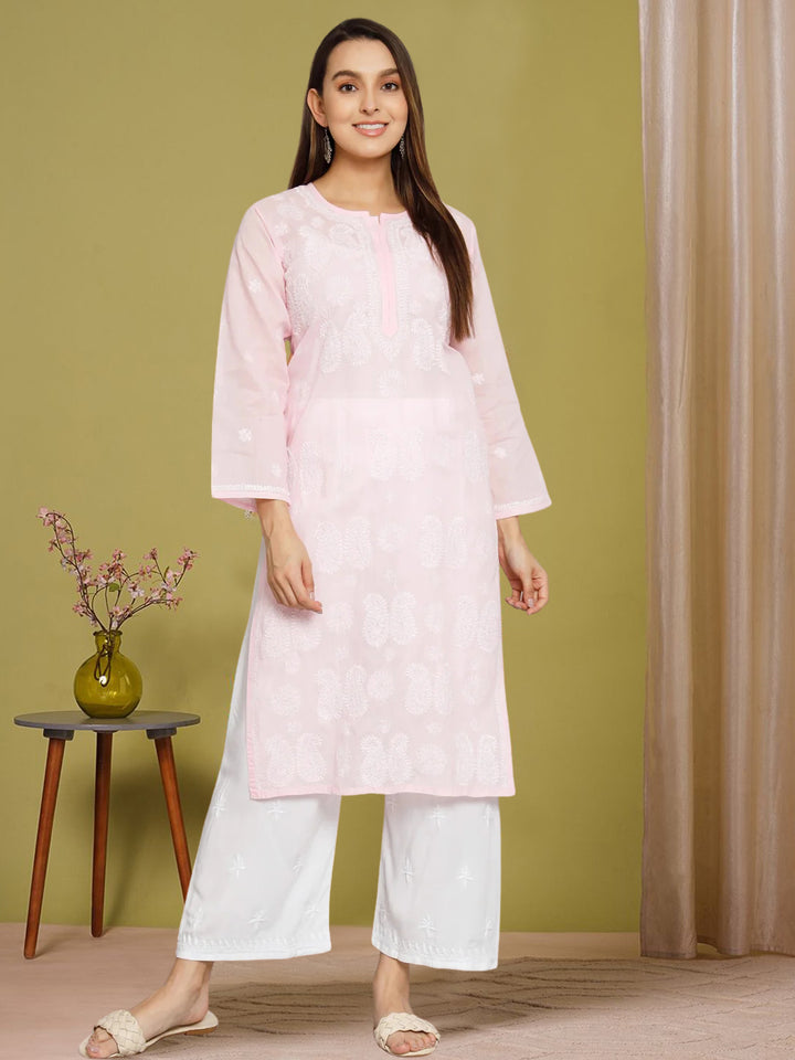 Hand Embroidered Chikankari Cotton Straight Kurta- PC3495 Lightpink