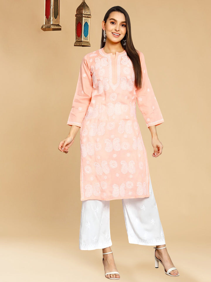 Hand Embroidered Chikankari Cotton Straight Kurta- PC3495 Peachpuff