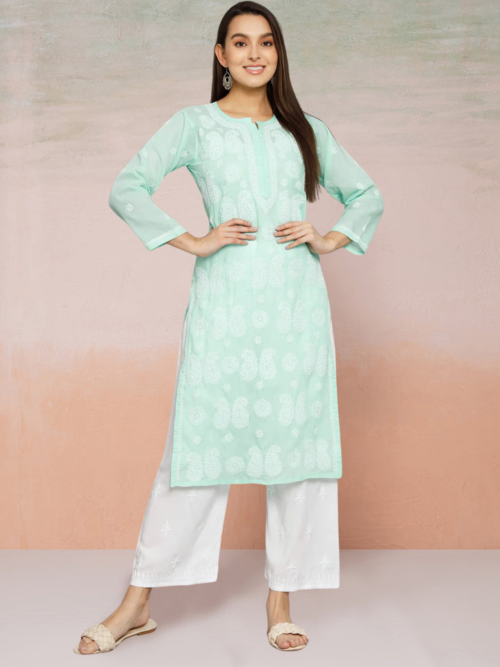 Hand Embroidered Chikankari Cotton Straight Kurta- PC3495 Seagreen
