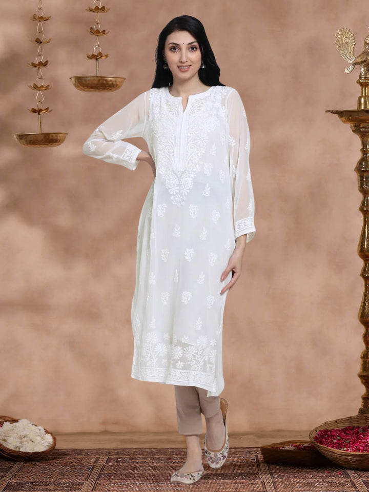 Women Hand Embroidered Chikankari Georgette Straight Kurta with Matching Slip PC3511 White