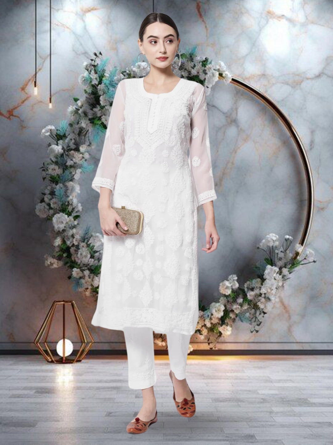 women Hand Embroidered Chikankari Georgette Straight Kurta With Matching Slip- PC3533