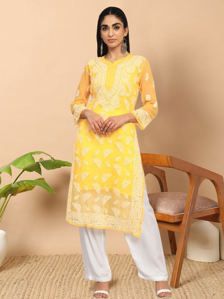 Women Hand Embroidered Chikankari Georgette Straight Kurta With Matching Slip- PC3545 Mustard
