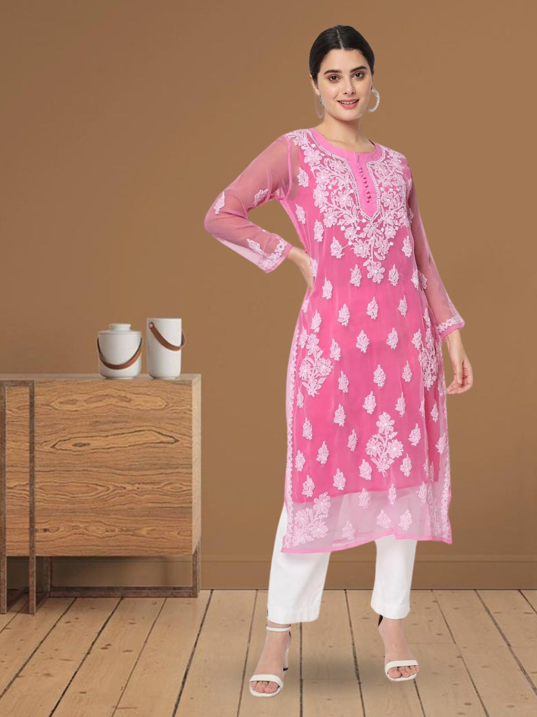 Hand Embroidered Georgette Straight Kurta With Matching Slip-PC3560