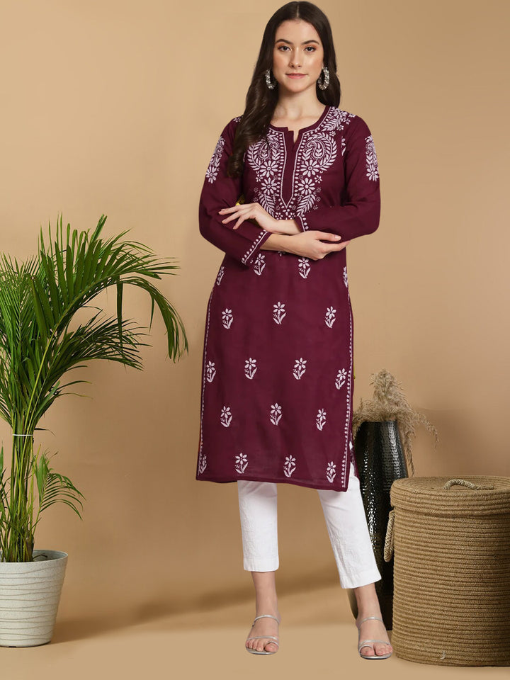 Hand Embroidered Chikankari Cotton Straight Kurta-PC3561 Maroon