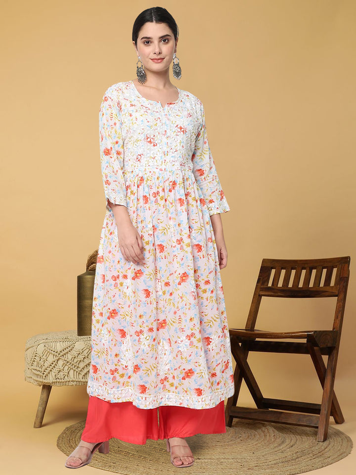Women Hand Embroidered Chikankari Mulmul A-Line Kurta-PC3582 Orange