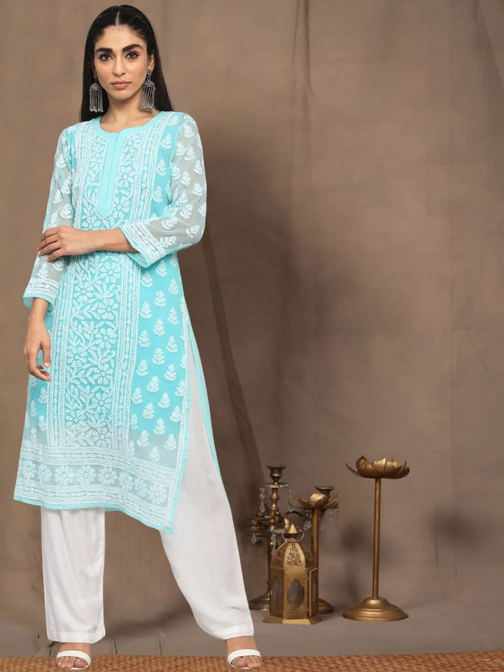 Hand Embroidered  Chikankari Georgette Straight Kurta With Matching Slip- PC3594 Seagreen