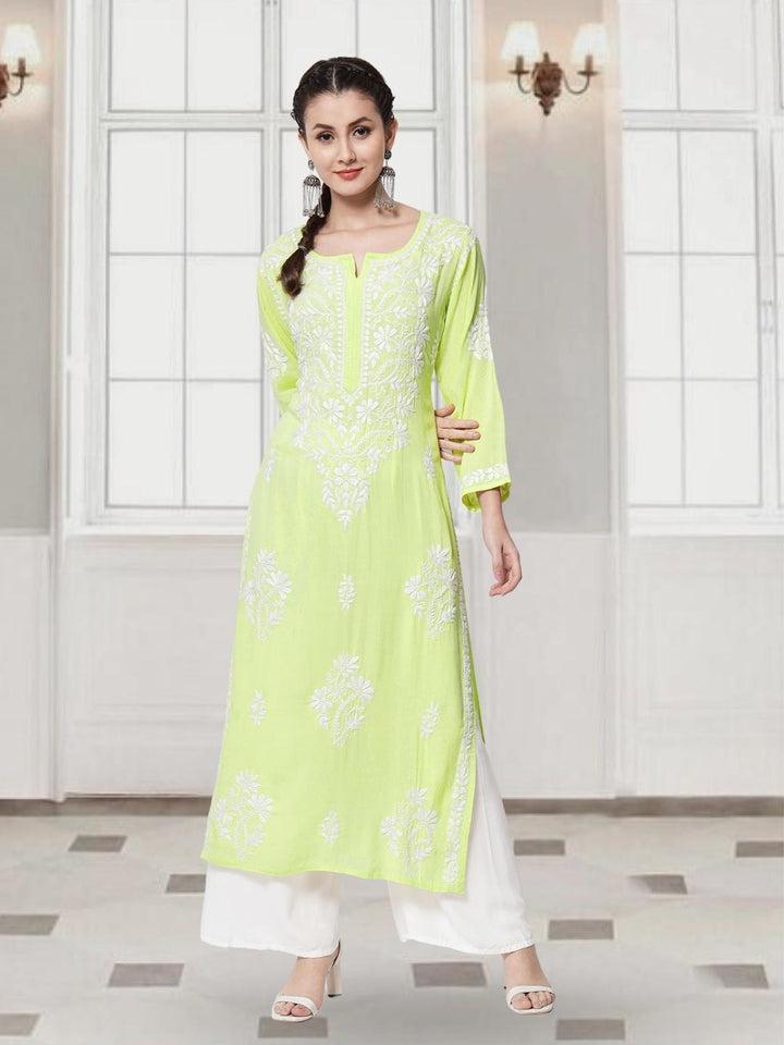Women Chikankari Hand Embroidered Modal Straight Kurta-PC3600 Lightgreen