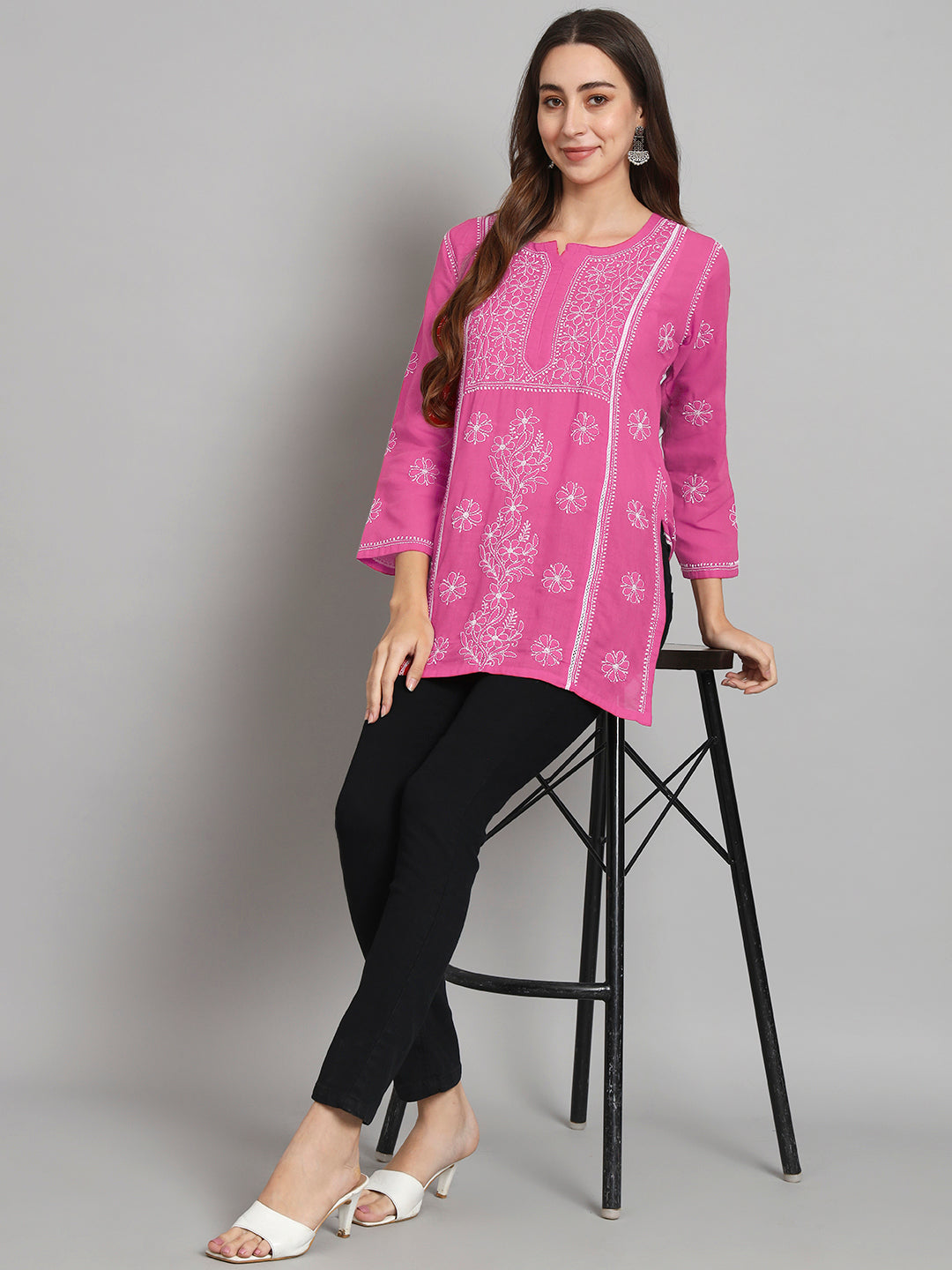 Women Hand Embroidered Chikankari Cotton Straight Kurti- PC3614 Hotpink