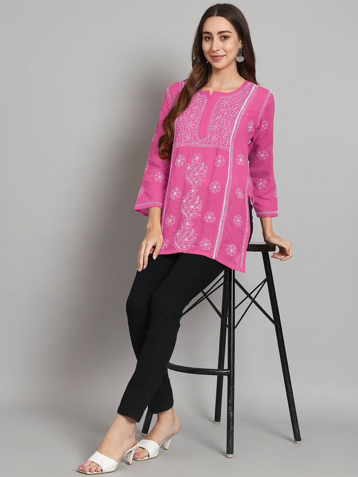 Women Hand Embroidered Chikankari Cotton Straight Kurti- PC3614 Hotpink
