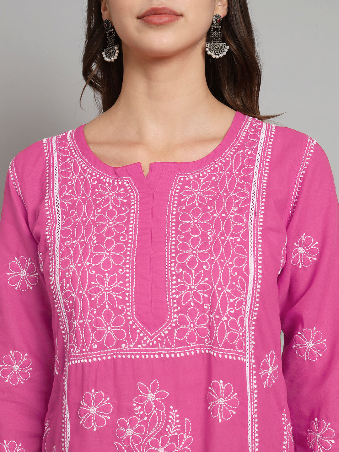 Women Hand Embroidered Chikankari Cotton Straight Kurti- PC3614 Hotpink