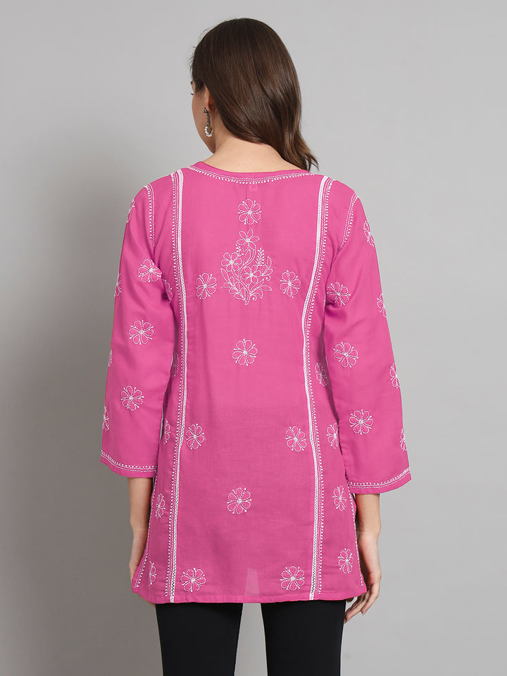 Women Hand Embroidered Chikankari Cotton Straight Kurti- PC3614 Hotpink