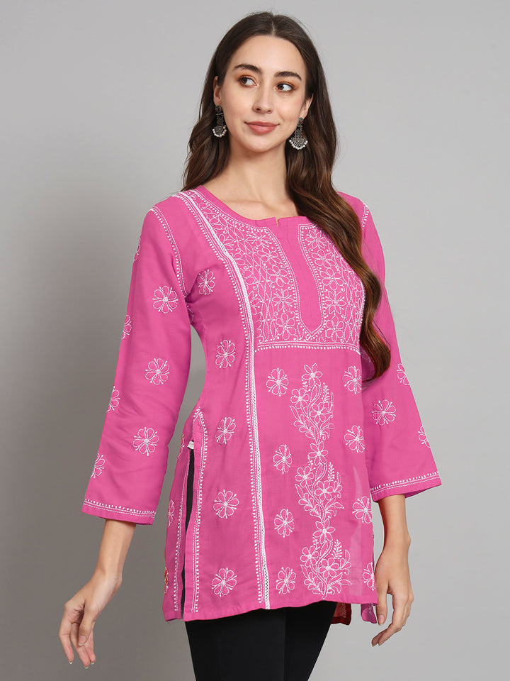 Women Hand Embroidered Chikankari Cotton Straight Kurti- PC3614 Hotpink