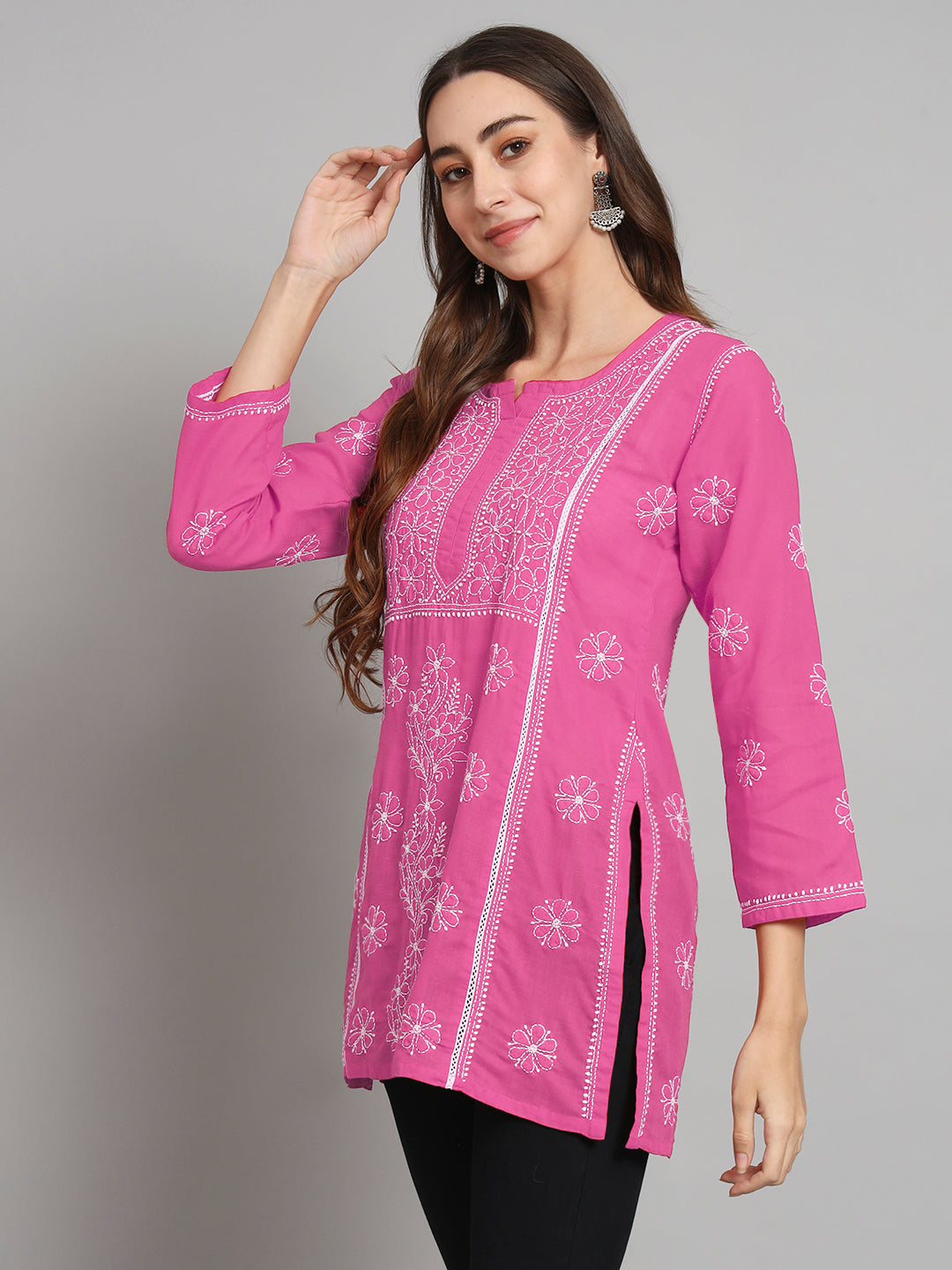 Women Hand Embroidered Chikankari Cotton Straight Kurti- PC3614 Hotpink